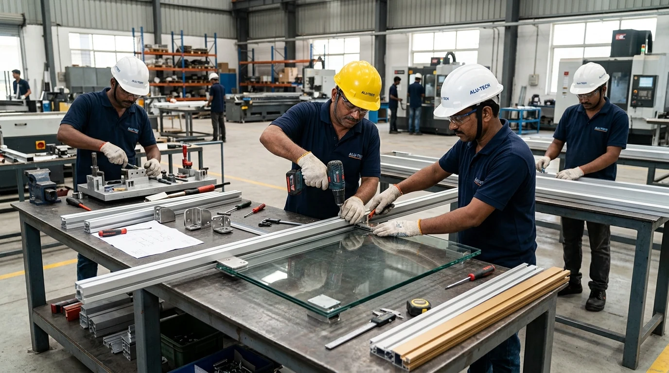 Star Rail skilled Indian factory craftsmen assembling architectural aluminium balustrades